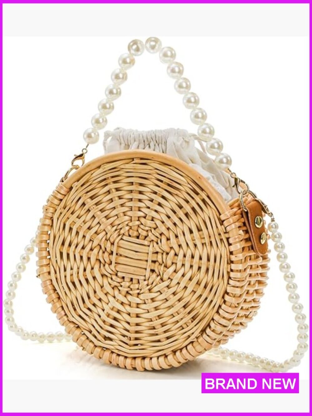 Round Woven Rattan Bag Boho Crossbody Handbag Pearl Strap Handle Beach Straw